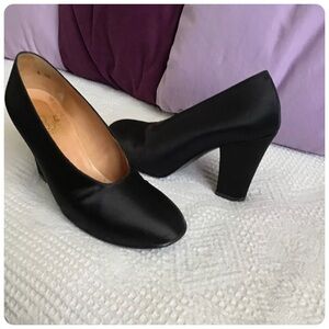 Shoes Womens 3.5 Black Heels Satin Espace 36 1/2 5 1/2 6 Hostess Leather Soles